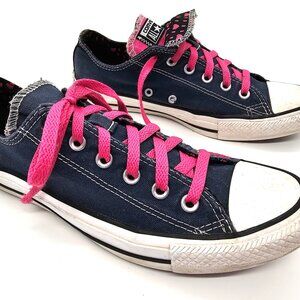 Converse All Star Chuck Taylors Double Tongue Navy w/ Pink Hearts Sneakers Sz 8